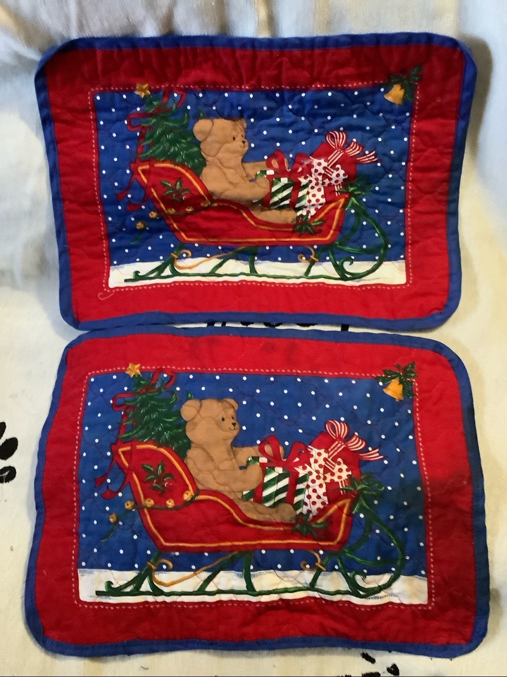 Holiday Teddy Bear Sleigh Placemat Set of 2 - Red and Blue damaged